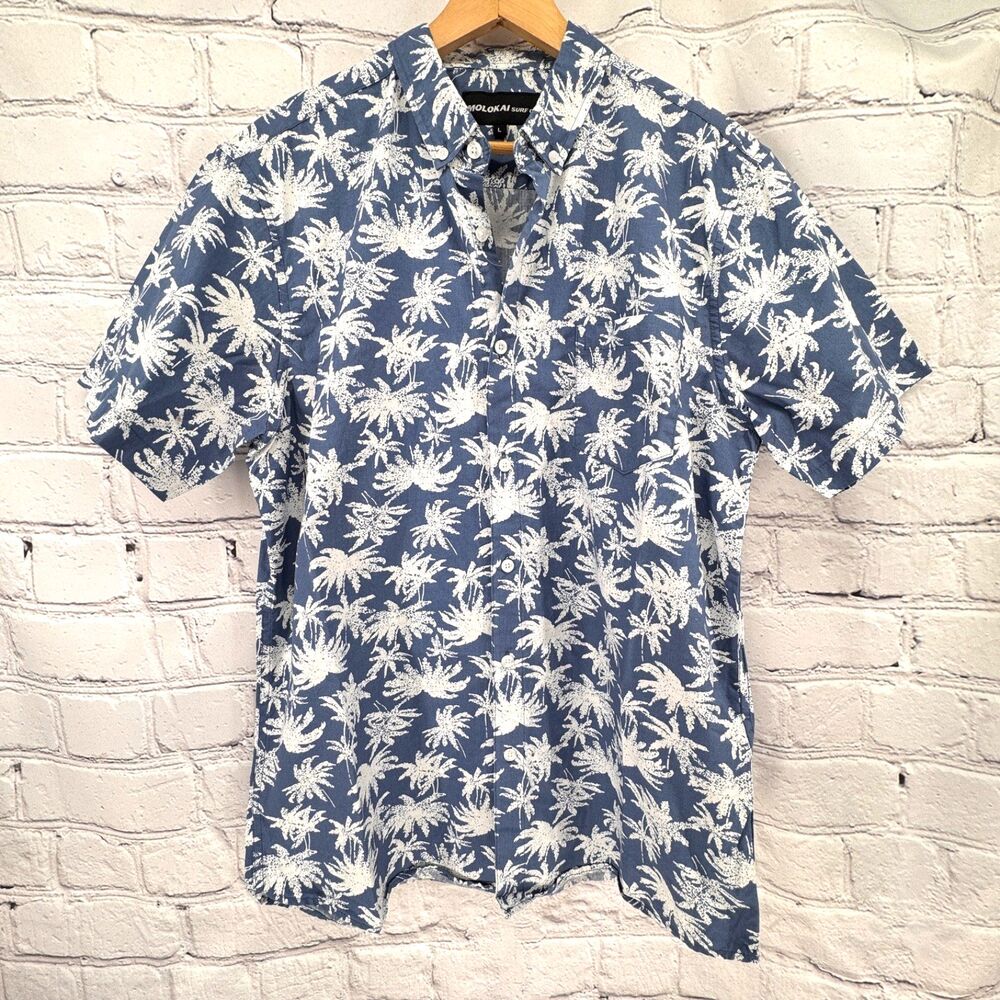 Molakai Surf Co. Shirt Men's L Blue Palm Tree Short Sleeve Button Down Vacation